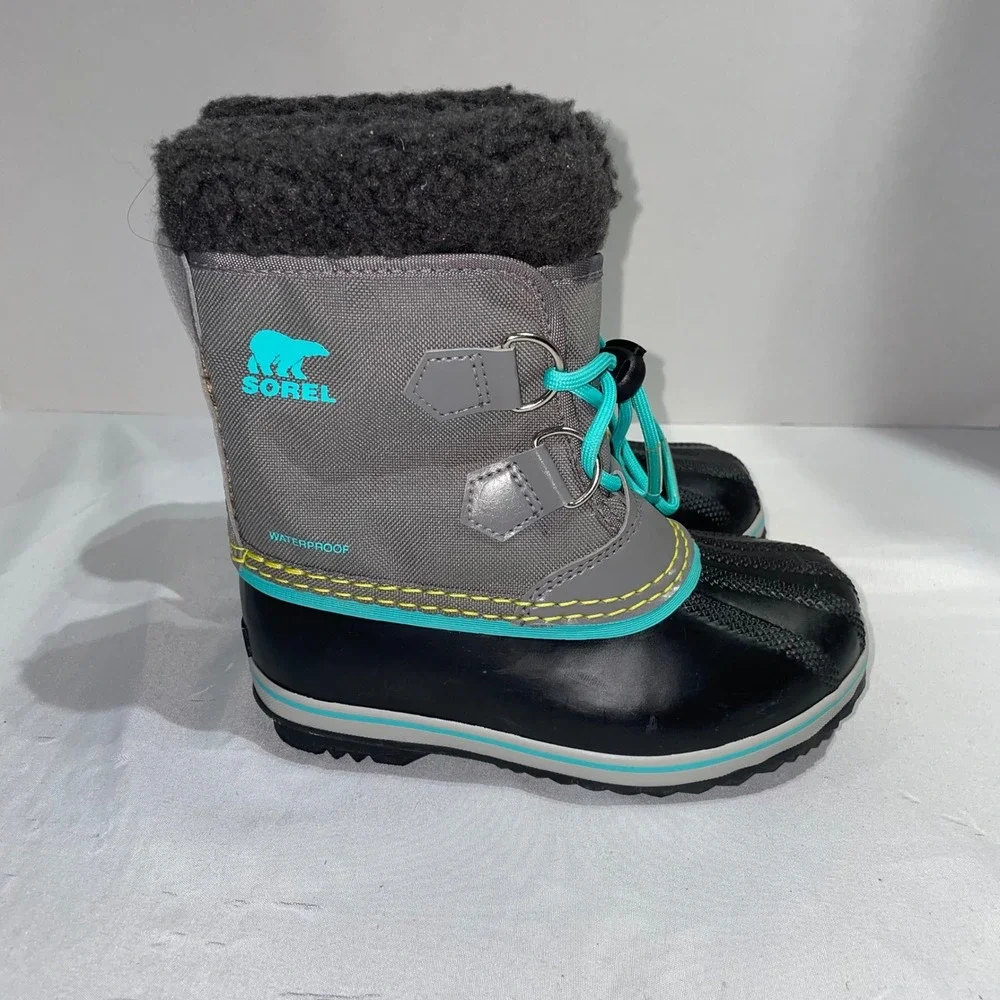 Sorel Yoot Pac Nylon Waterproof Winter‎ Boots Grey Black Teal NC1962-052 Kids 12
